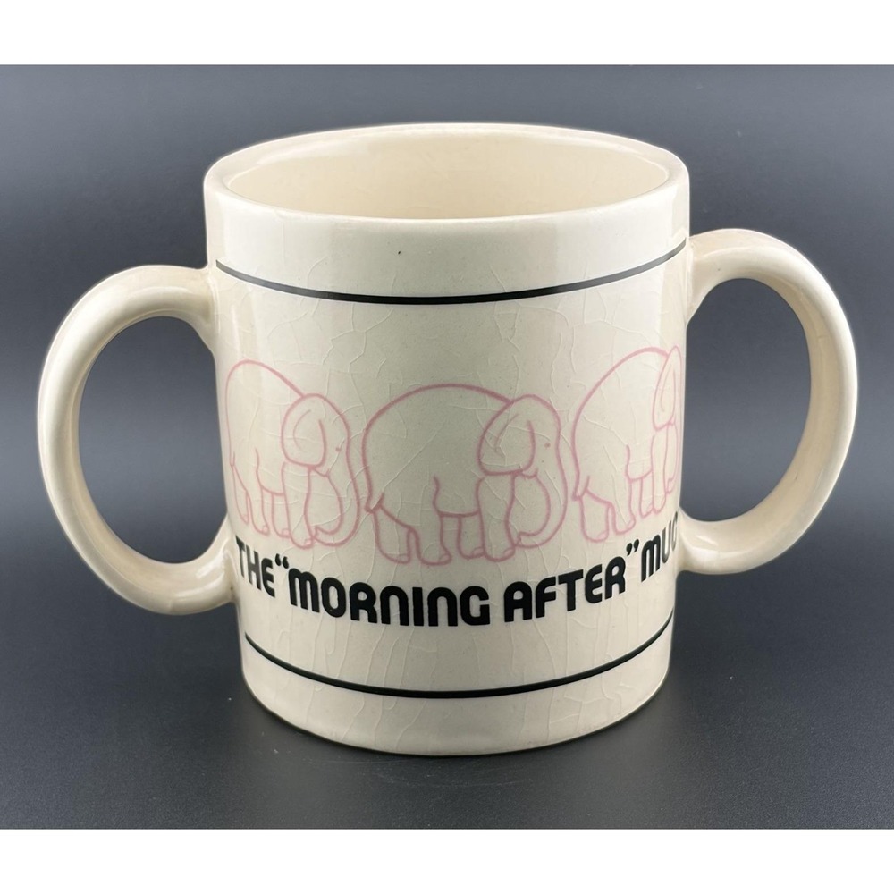 Morning After Mug Pink Elephants Double Handle 1982 Vintage Hangover Coffee Cup - Picture 5 of 7